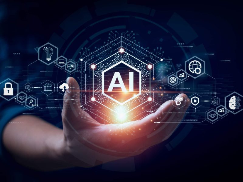 Businessman touching the brain working of Artificial Intelligence (AI) Automation, Predictive analytics, Customer service AI powered chatbot, analyze customer data, business and technology