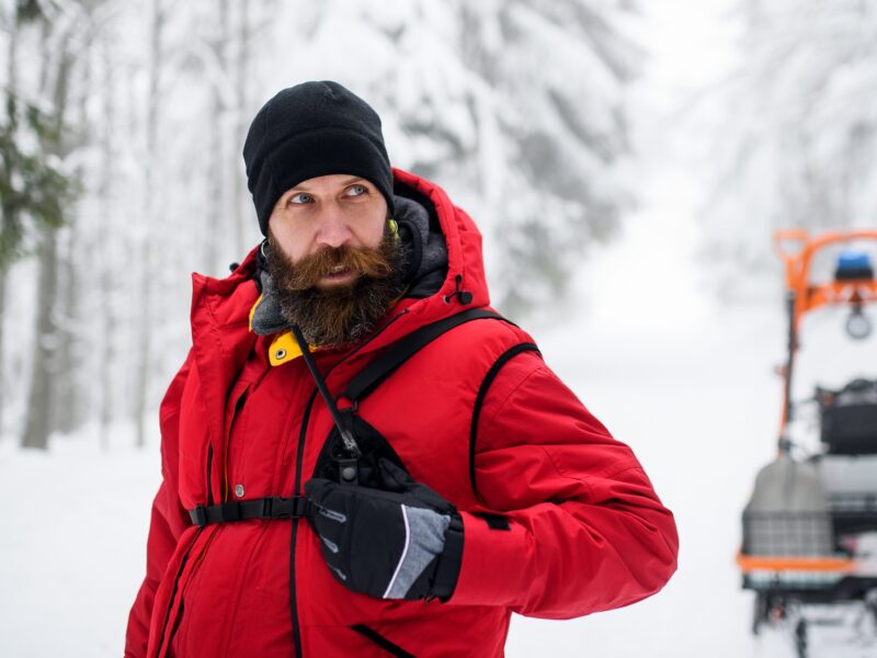 Paramedic,Man,From,Mountain,Rescue,Service,With,Walkie,Talkie,Outdoors