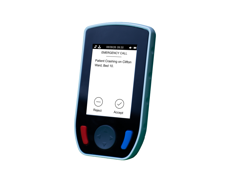Evolve Pager Side Angle with an emergency message