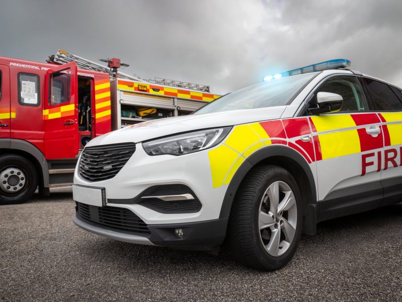 Two,Red,Fire,Truck,And,Car,Emergency,Vehicles.,The,Fire